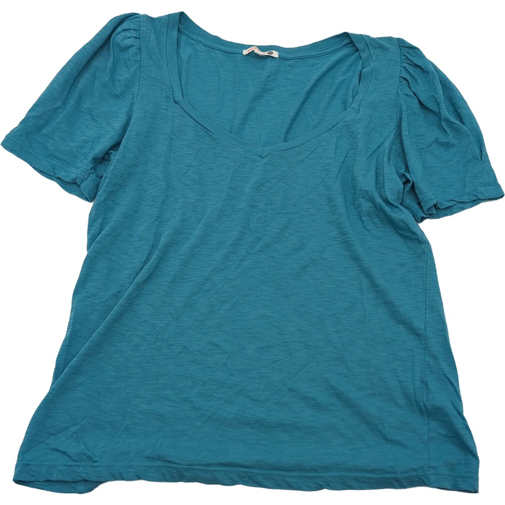 Sundry Teal Blue Pima Cotton Puff Sleeve V-Neck Top Size 1 Made in USA